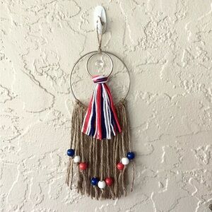 Wall Art Suncatcher Hand Crafted Boho Patriotic Red White Blue Jute Metallic